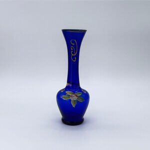 Vintage Bohemian Cobalt Blue Bud Vase Gold Gilt, Hand Painted 8" tall